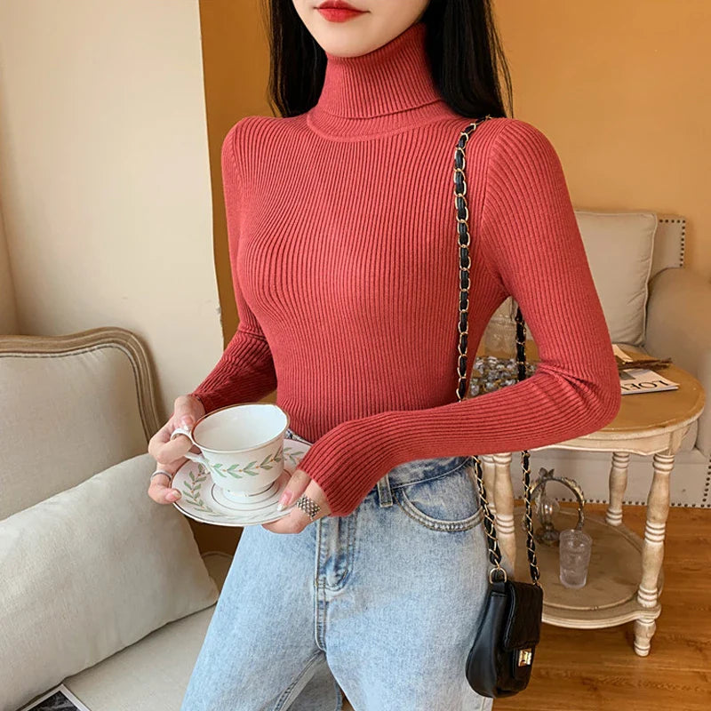 2026 Autumn Winter Women Long Sleeve Knitted Foldover Turtleneck Ribbed Pull Sweater Soft Warm Femme Jumper Pullover Clothes