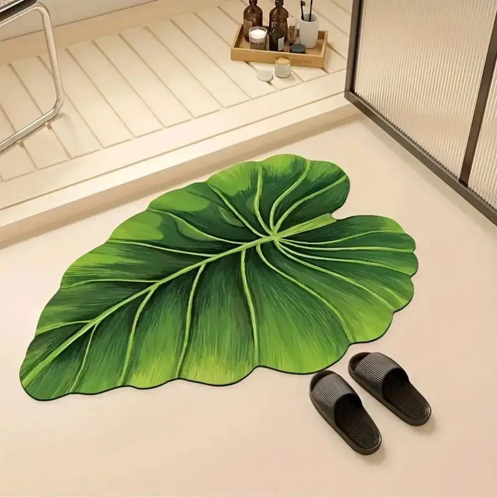VIKAMA Bath Mat Non Slip Quick Dry Absorbent Green Shower Rug for Bathroom Floor Washable Rubber Mat with Leaf and Thin Design