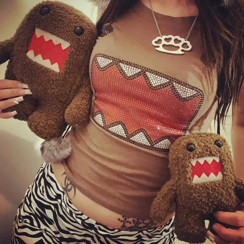 summer new women Y2K Girl Retro Hot Fix Rhinestone Application Round Neck Top T-shirt Funny Vintage Tama Jun Top