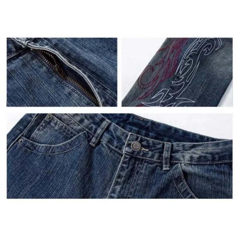 Women's Loose Straight Leg Jeans Elastic High-End Feel  European Fashion Embroidered Flower Trendy Versatile Wide Leg Jeans