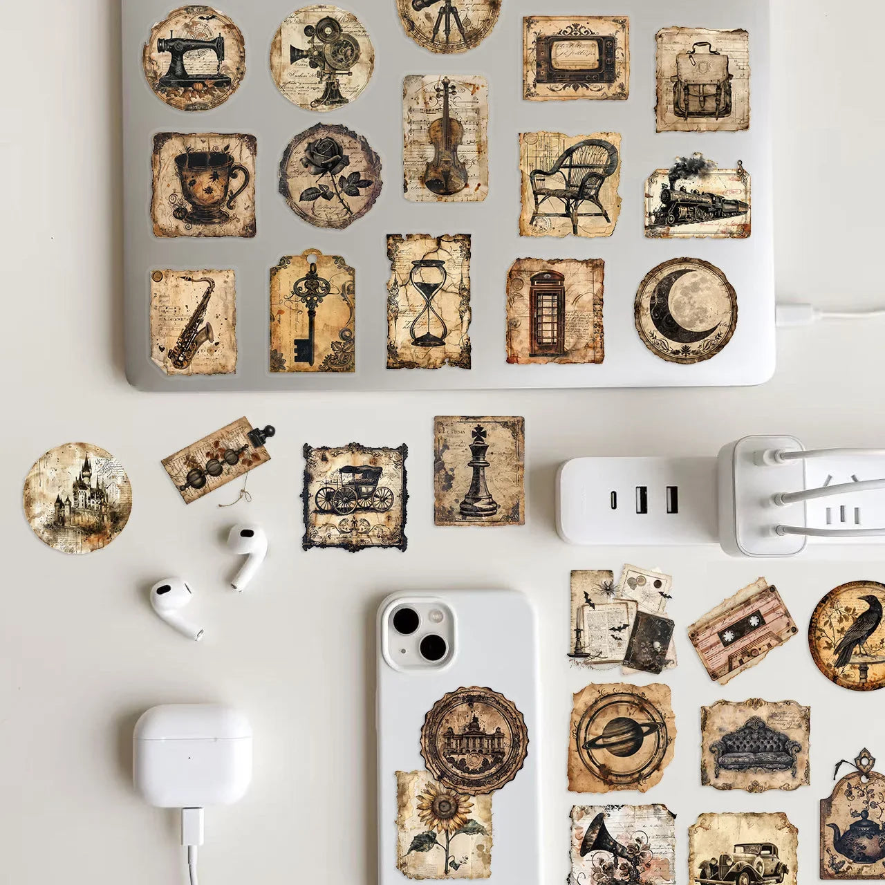 50/100PCS Cartoon Retro Label Sticker Pack Waterproof Transparent PET Decorative Guitar Notebook Stationery Stickers