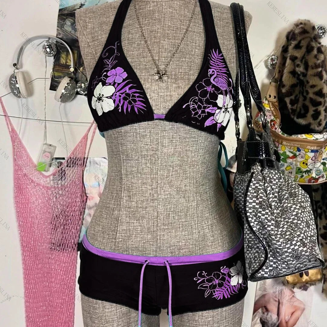 Vintage Flower print Cutie 2 set Bikini 2000s Swimsuit Sexy Women Bathing Fashion Halter Strap Swimwear High Street Beach Female