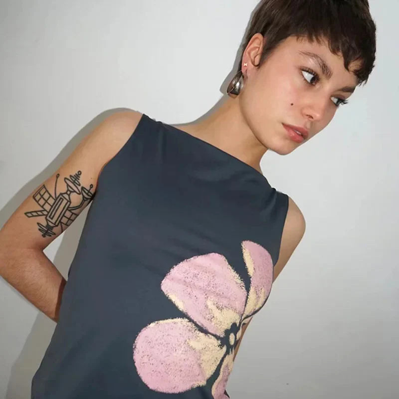 2025 New Fashion Women's Crop Tank Tops Fitted Flower Print Boat Neck Sleeveless Summer Tops for Party Club