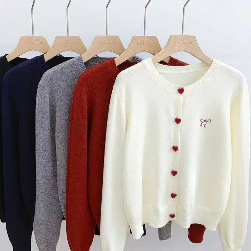 2026 Women Knitted Cardigan Bow Embroidery O-Neck Single Breasted Heart-shaped Button Sweater Korean Casual Solid Knitting Tops