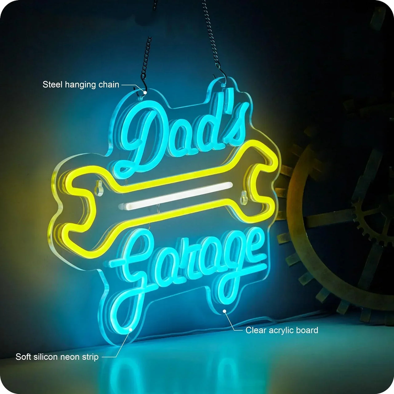 Dad's Garage Neon Sign LED Wall Decor for Car Repair Shop Men's Room Workshop Father's Day Gift for Family USB Powered