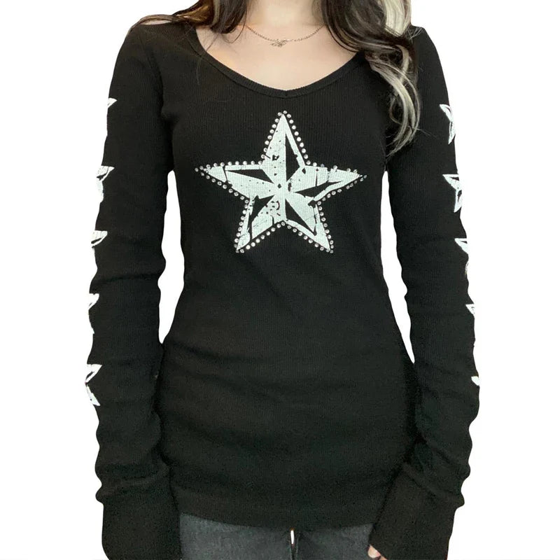 Y2K Grunge Cyber Mall Goth Thermal T-shirt Skulls Graphic Print Long Sleeve Pullovers Tops Women 90s Vintage Aesthetic Tees