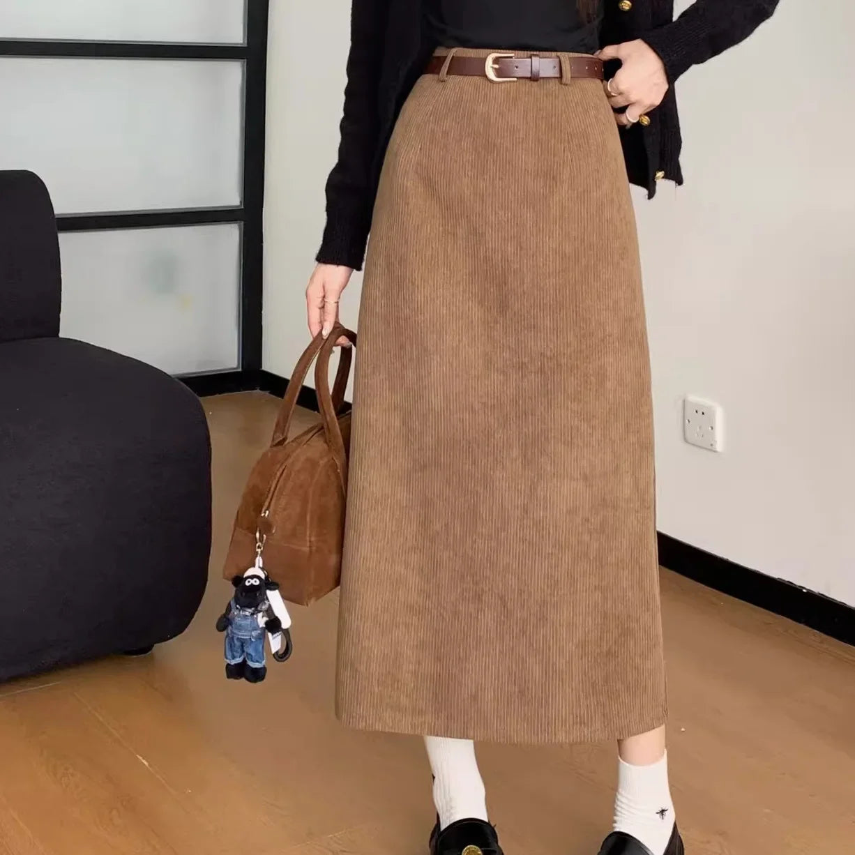 Retro Hong Kong Style Thickened Corduroy Solid Color Half-length Skirt Women's Autumn Winter Wraparound Skirt Mid-length Skirt