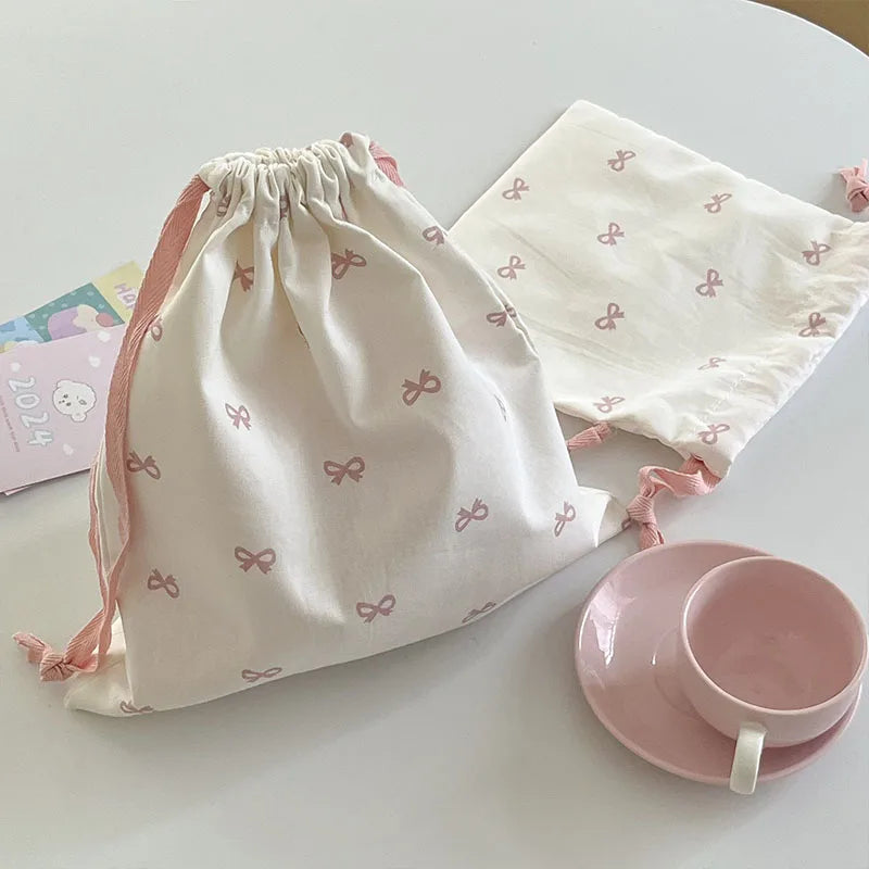Korean Bow Storage Bag Canvas Sweet Kawaii Girl Artsy Drawstring Bag Lipstick Portable Makeup Bag Travel Organizer Accessories