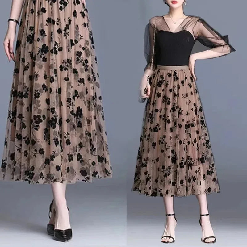 Gauze skirt floral half fairy skirt spring and summer new pleated A-line skirt in the long high waist thin gauze skirt