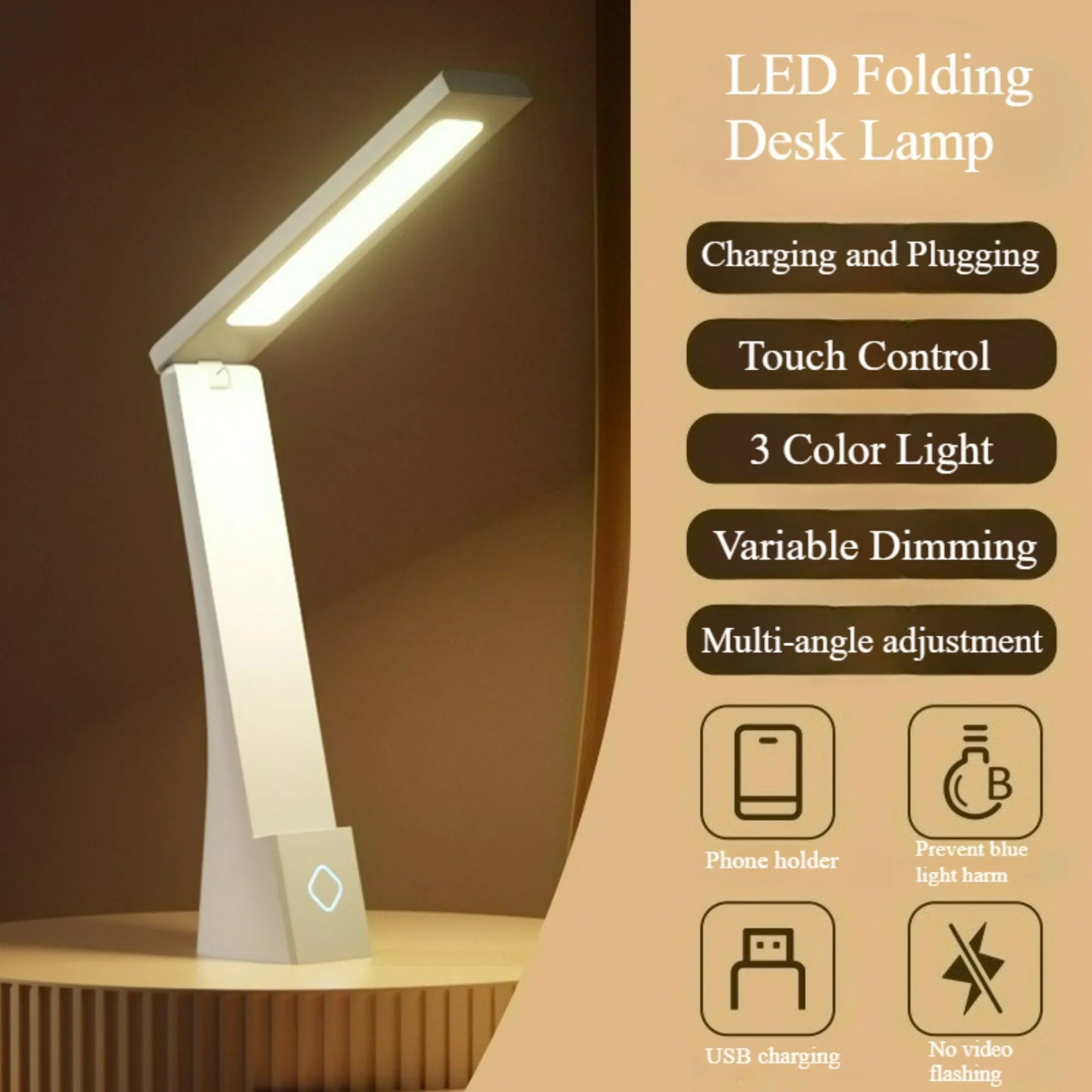 LED Folding Desk Lamp Touch 3 Color Dimming Charging and Pluging Eye Protection Learning Table Lamp Bedroom Bedside Night Light