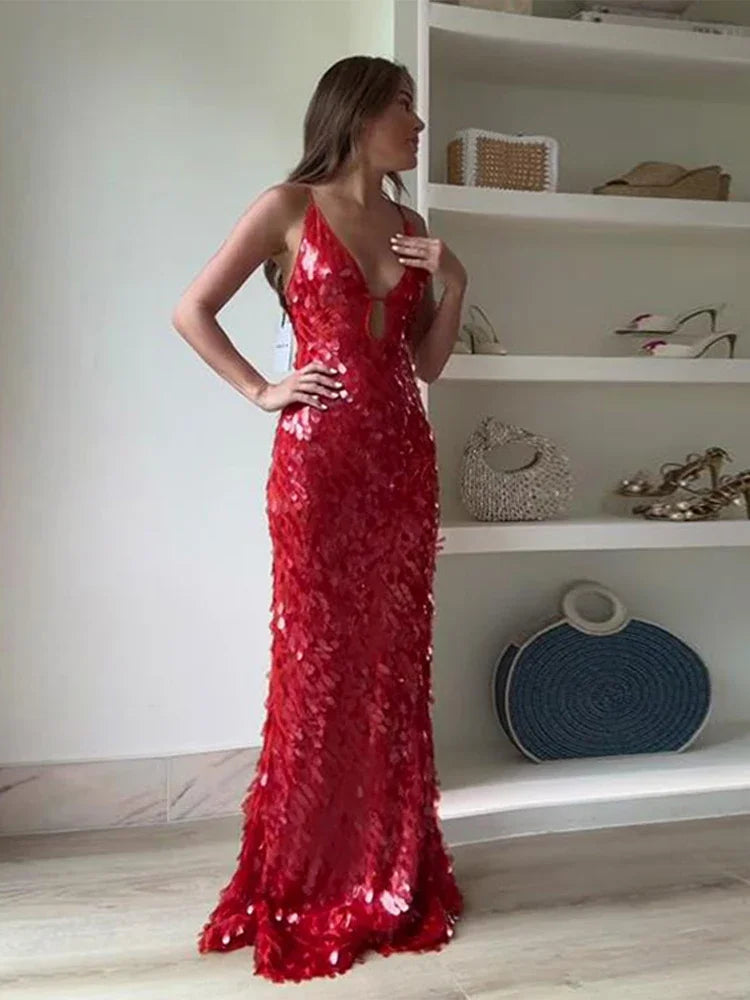 Fashion Sequined V Neck Sling Dress Women Evening Party Sleeveless Backless High Waist Maxi Dresses 2024 New Christmas Gown Robe