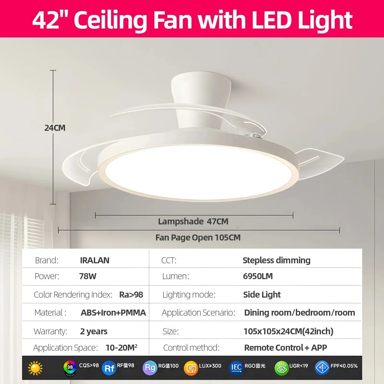 LED Fan Light with Remote Control 3 Color Dimming Living Room Dining Room Bedroom Lighting Silent Home Ceiling Fan Light