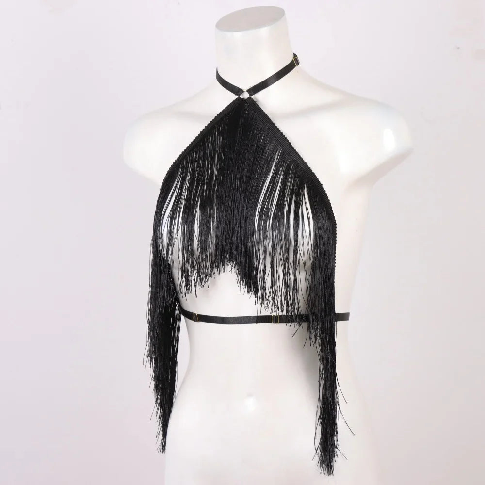 Women'S Black Tassel Halter Top-Adjustable Elastic Harness, All-Season Wear, Casual Attire Top,Tassel Detail Top