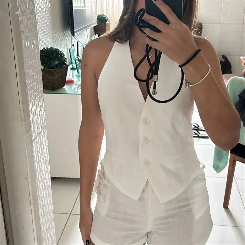 MUJER Off Shoulder Sleeveless Vest Women Black White Cropped Vest Woman Fashion Backless V Neck Short Coats Summer Waistcoat
