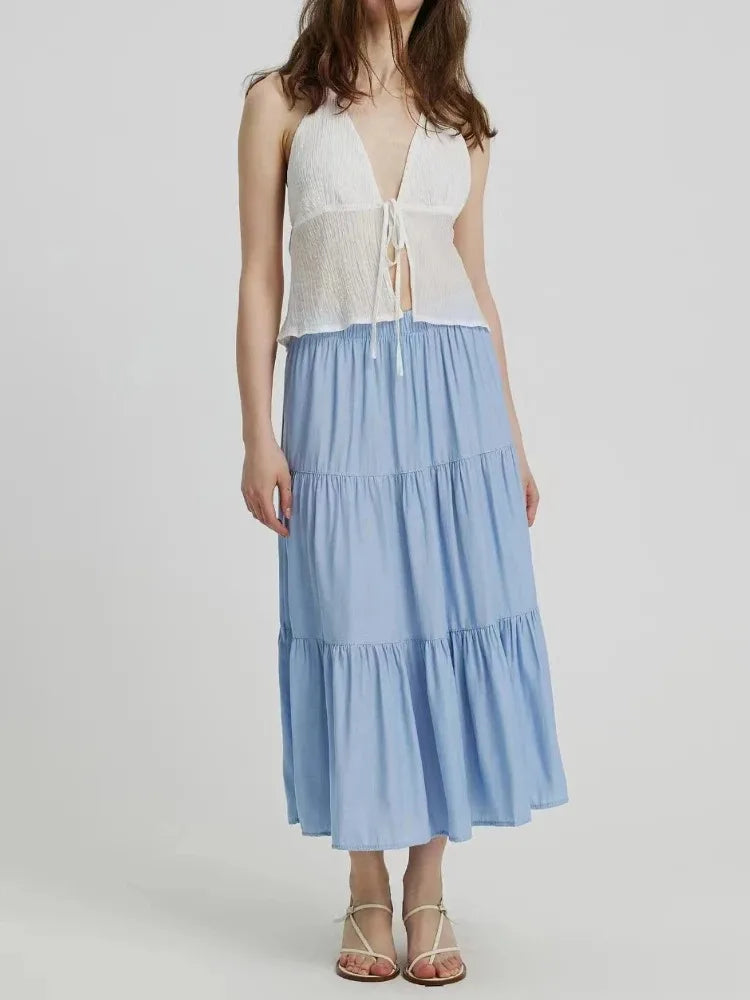Spring Summer Women Skirts Vintage High Waist Elastic Patchwork White Black Chic Long Cake A-line Skirt