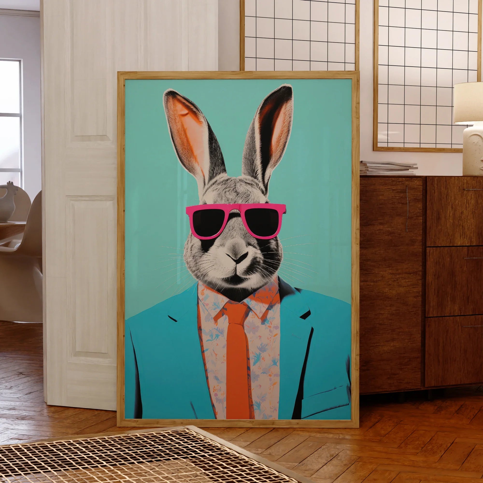 Modern Abstraction Rabbit With Sunglasses Portrait Wall Art Aluminum Frame Prints Canvas Painting Poster Living Room Home Decor