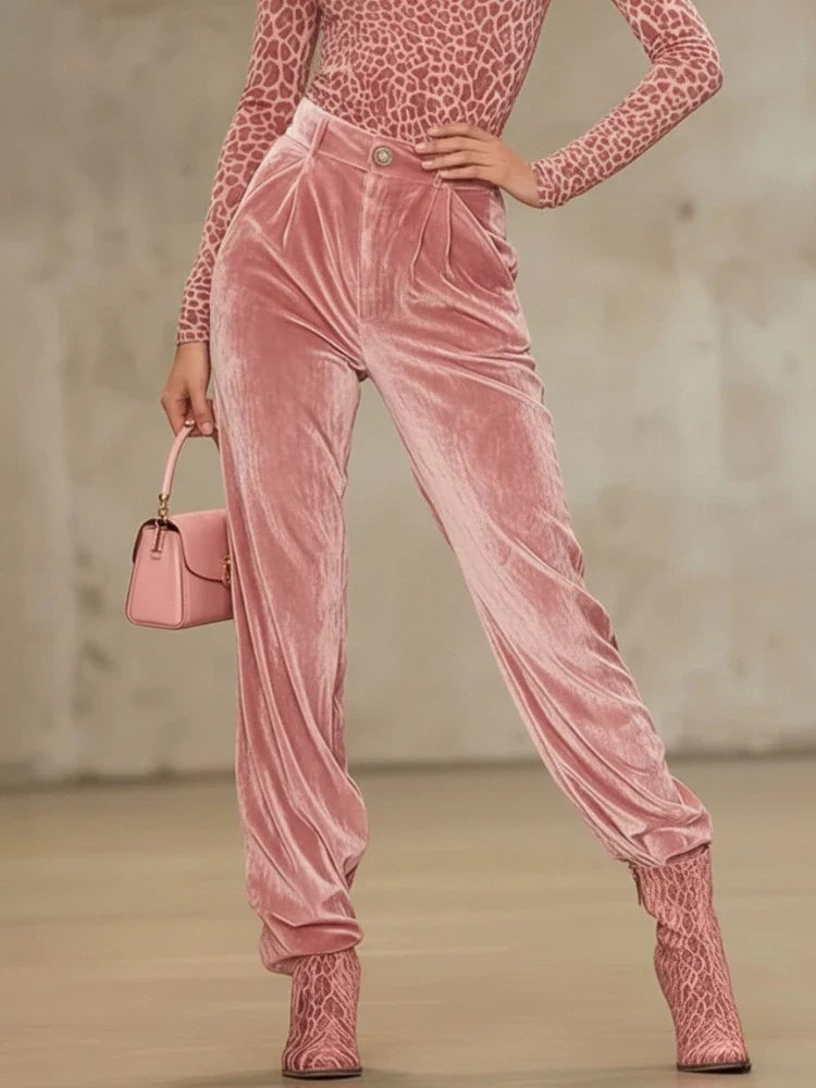 Bonboho Women's Pink Velvet High Waist Pants Buttoned Loose Fit Full Length Trousers 2026 Stylish Pleated Pants Matching Bottoms