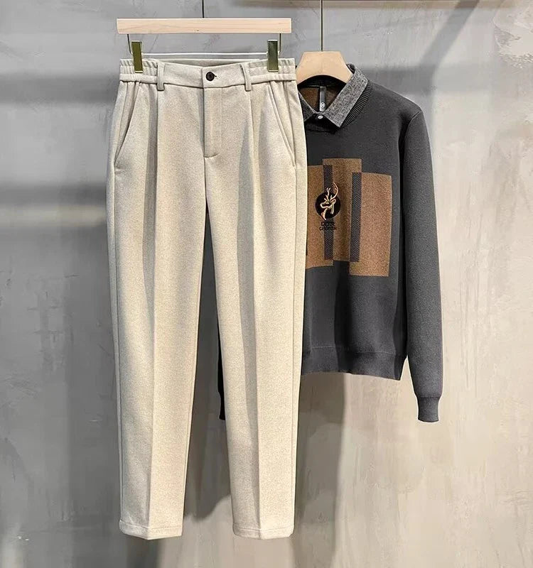 Men's Woolen Casual Pants Autumn Winter Thickened Straight Leg Slim Fit Long Trousers Korean Fashion Nine Points Pants
