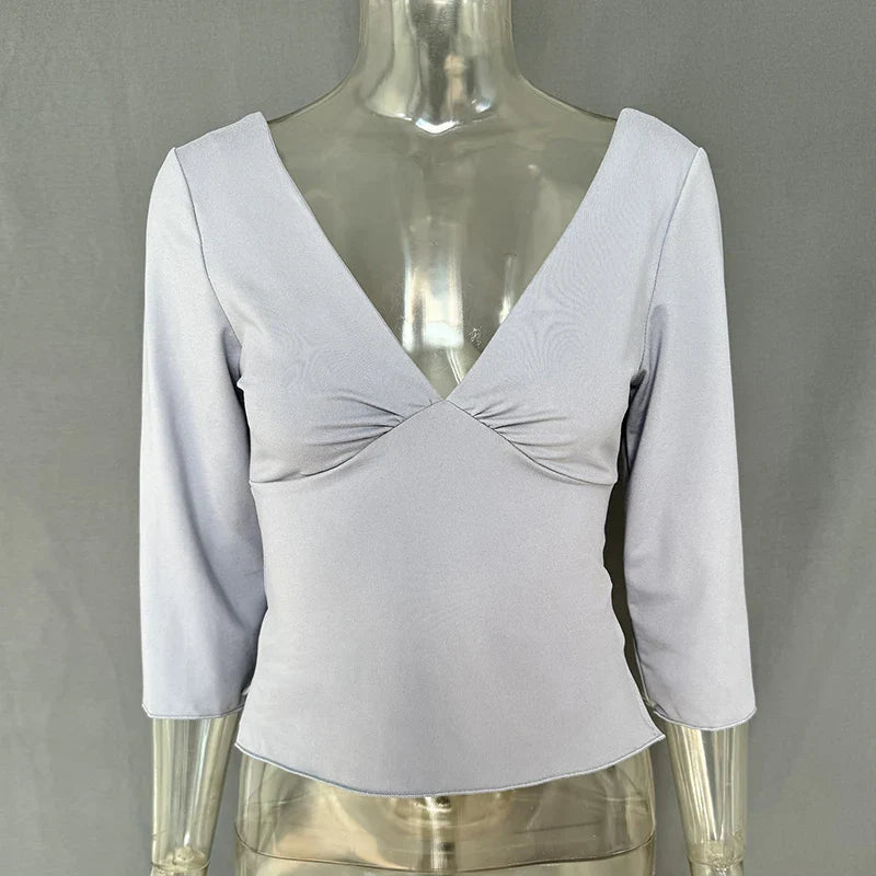 Sexy V-Neck T-shirts Women Tops Summer Long Sleeve Slit Solid Pullover Slim-Fit Chic High-Street 2026 Female Shirts Tee Tops