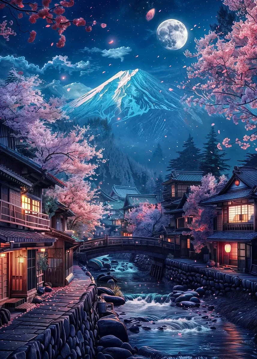 Pink City Asian Travel Japanese Cherry Blossoms At Mount Fuji Poster Light Prints Canvas Painting Wall Pictures Home Room Dec