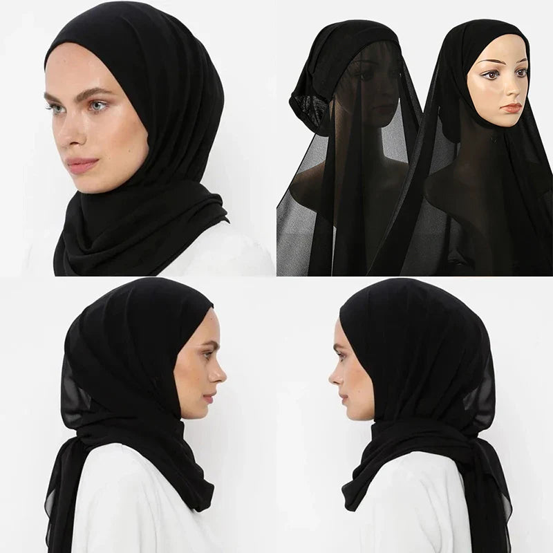 New Plain Instant Hijab Bubble Chiffon With Modal Tube Cap Set Muslim Woman Hijab Innerscarf Casual Long Scarf Islamic Turban