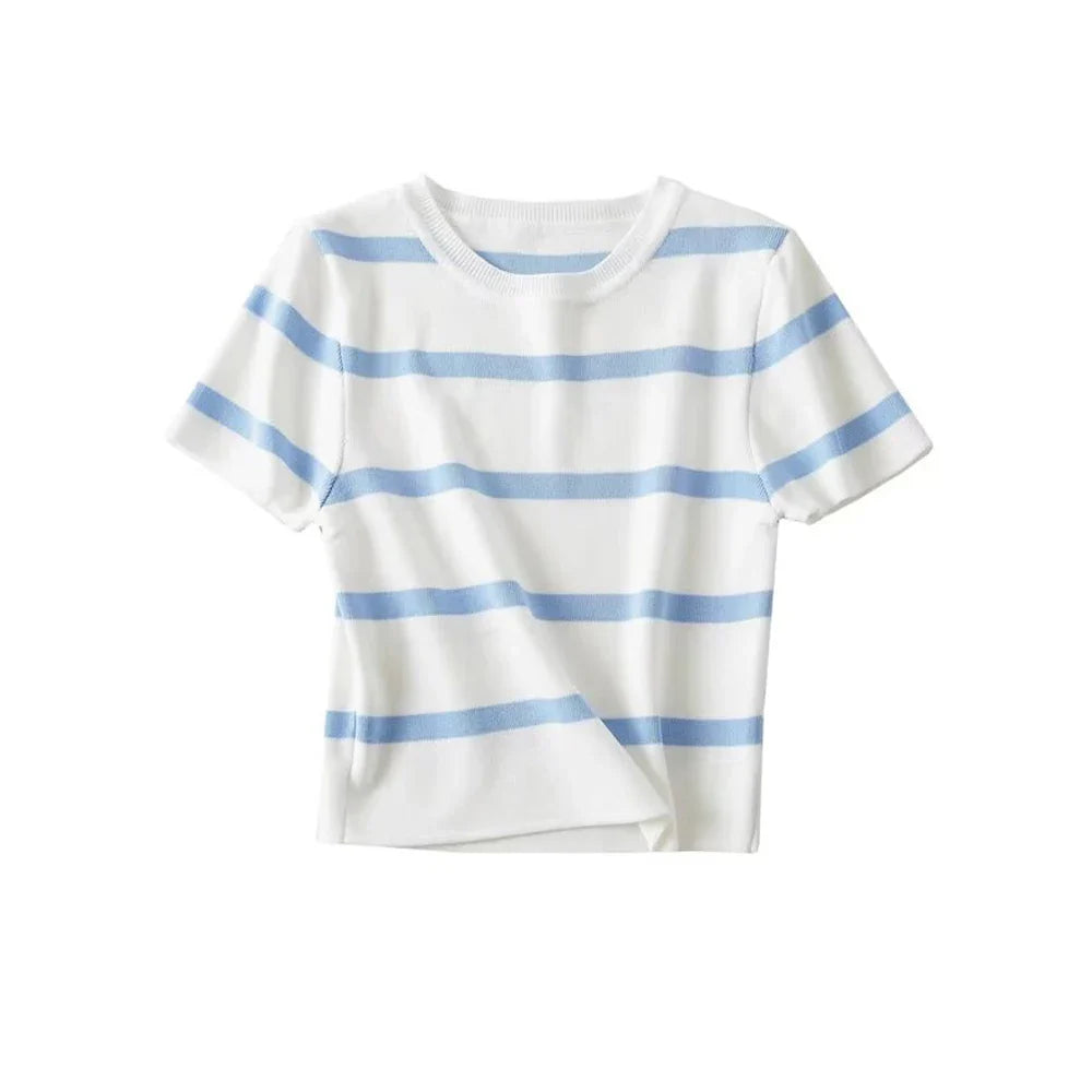 Women Fashion Striped Basic Cropped Knit Sweater Vintage O Neck Short Sleeve Female Pullovers Chic Tops