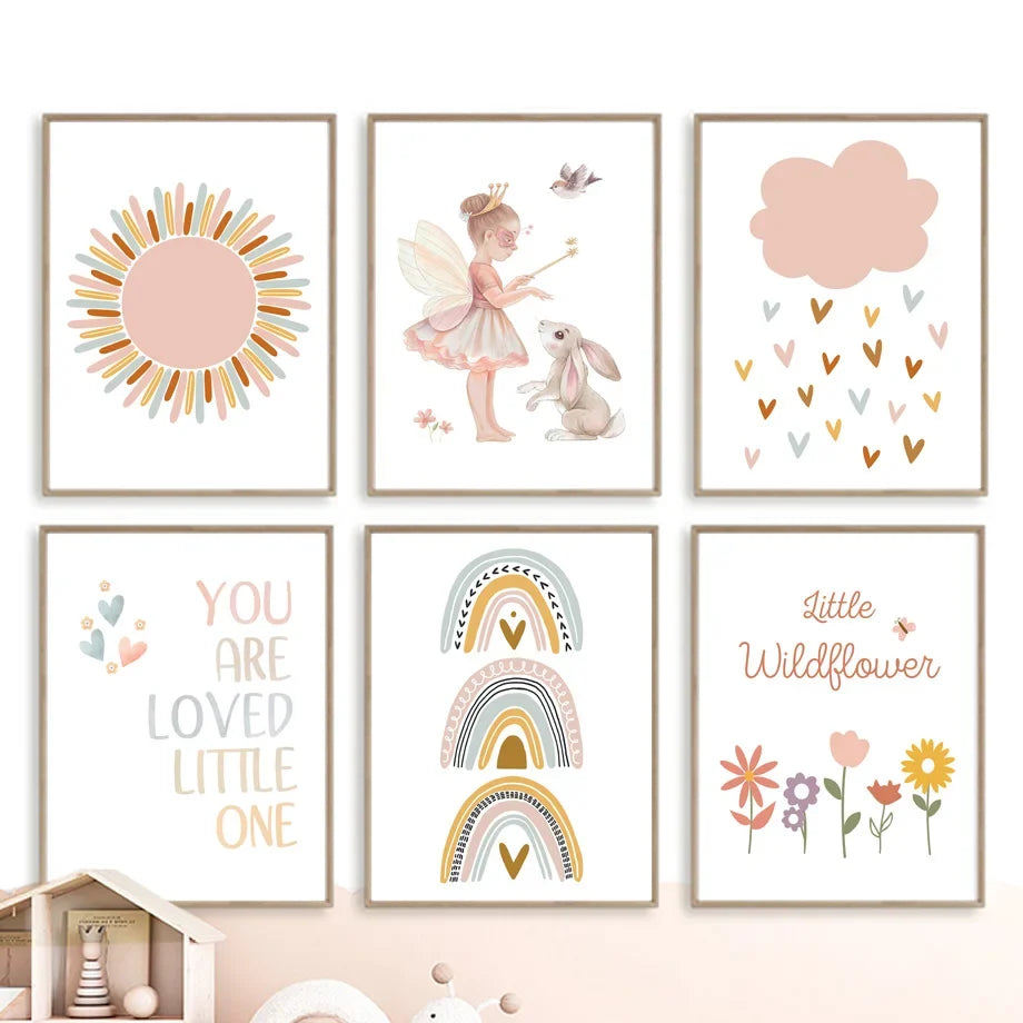 Kawaii Angel Girls Rabbit Sun Rainbow Cloud Cartoon Children Posters Canvas Painting Wall Art Print Picture Baby Kids Room Decor