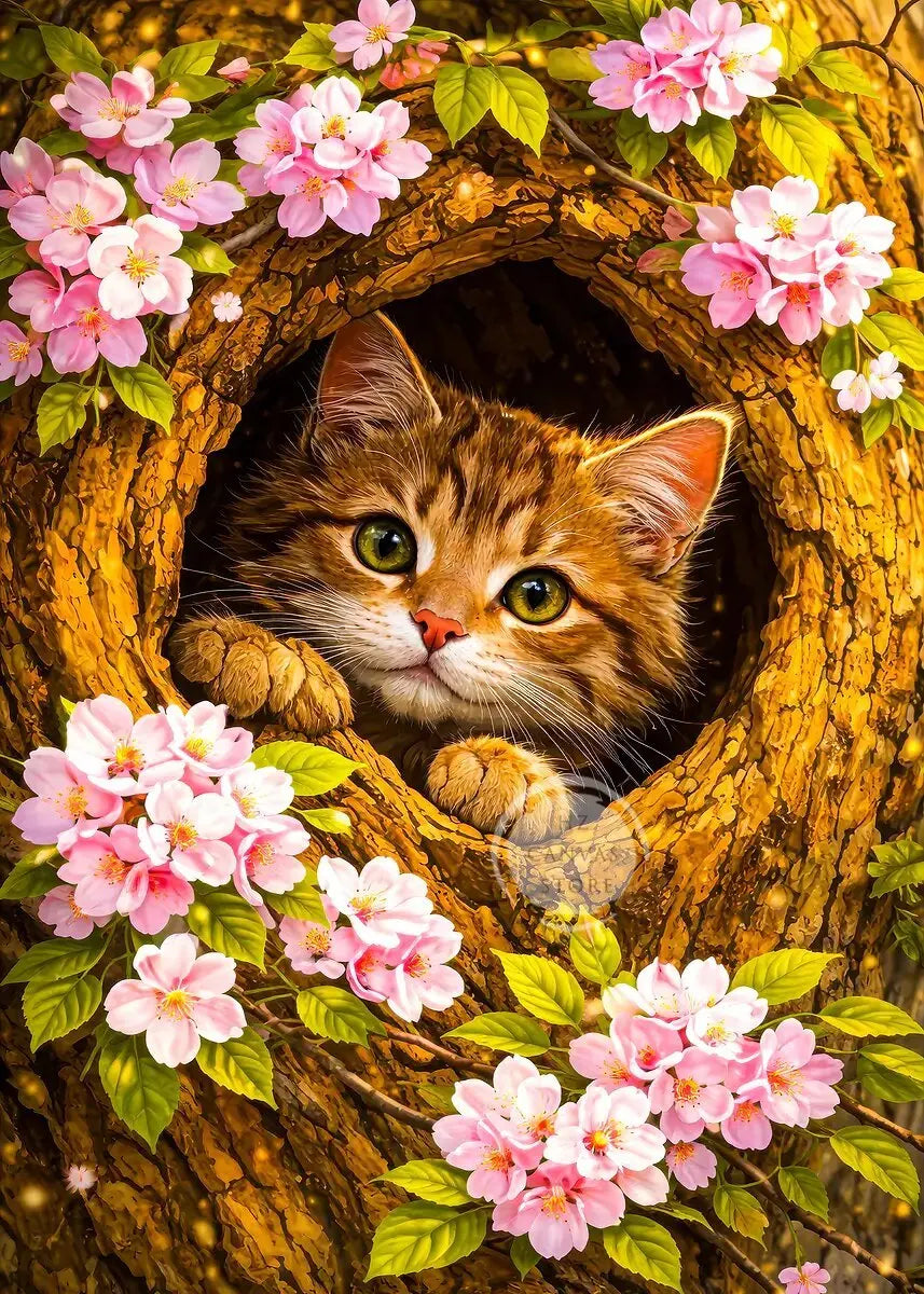 Cute Kittens Various Scenes Poster Funny Baby Cat in Daisy Field Watching Sunset on Beach Sleeping Canvas Print for Home Decor