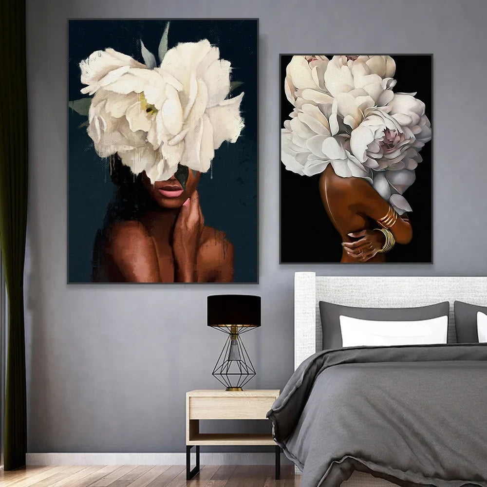 Classic Abstract Wall Art Black Woman Girl with Flowers Canvas Print Poster Printing Poster Home Living Room Bedroom Decoration