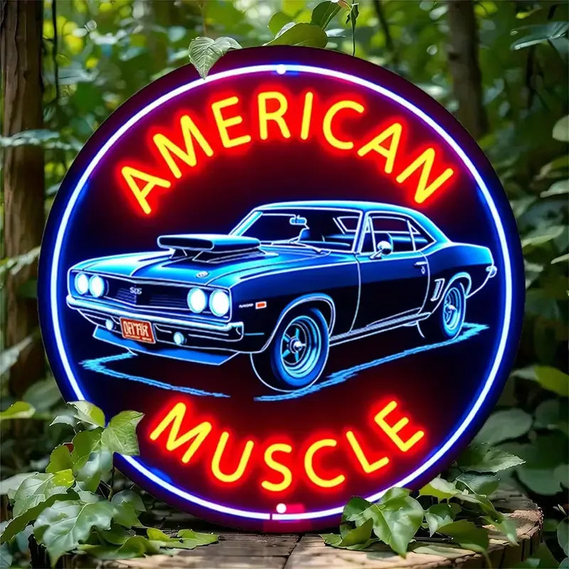 1pc Vintage-Inspired American Muscle Car Neon Sign Round Aluminum Wall Art With Sleek Edges, Bright Red & Blue, Perfect For Cafe