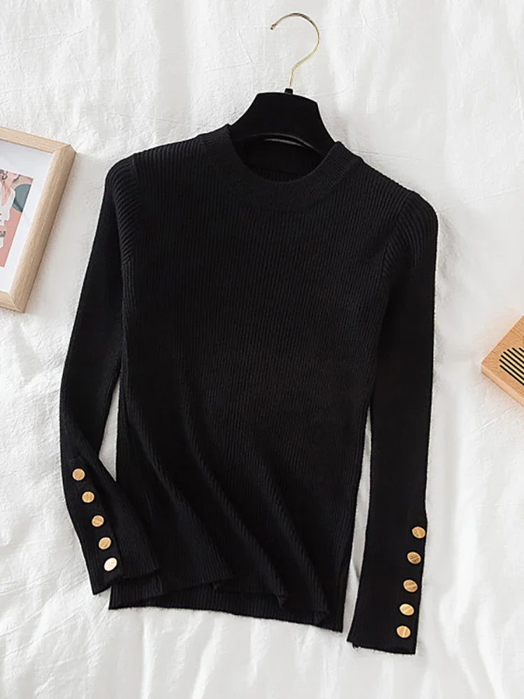 2026 women thick sweater pullovers khaki casual autumn winter button o-neck chic sweater female slim knit top soft jumper tops