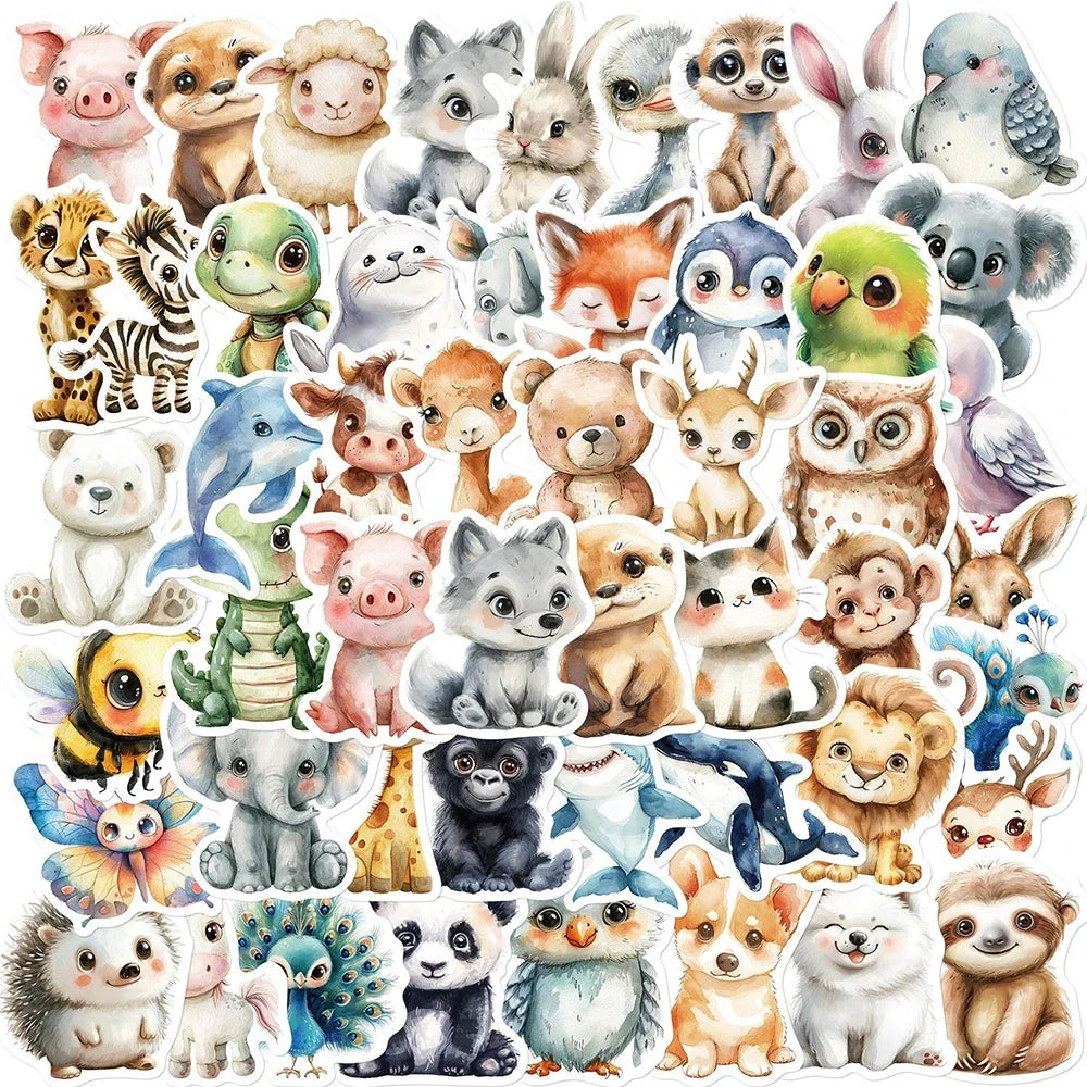 10/30/50pcs Cute Cartoon Watercolor Animal Graffiti Stickers DIY Suitcase Laptop Luggage Water Bottle Decoration Sticker Decals
