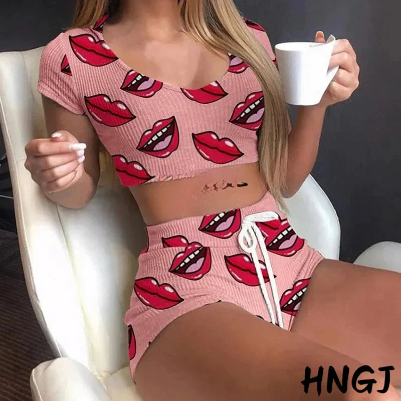 2026 Summer Casual Lips Print Women Sleepwear Pajamas Set Top Pants Skinny Homewear Underwear