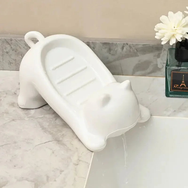 Cute Cartoon Cat Soap Dish with Drainage Plastic Holder for Bathroom Ideal for Soap and Sponges Storage Soap Holde Decorative