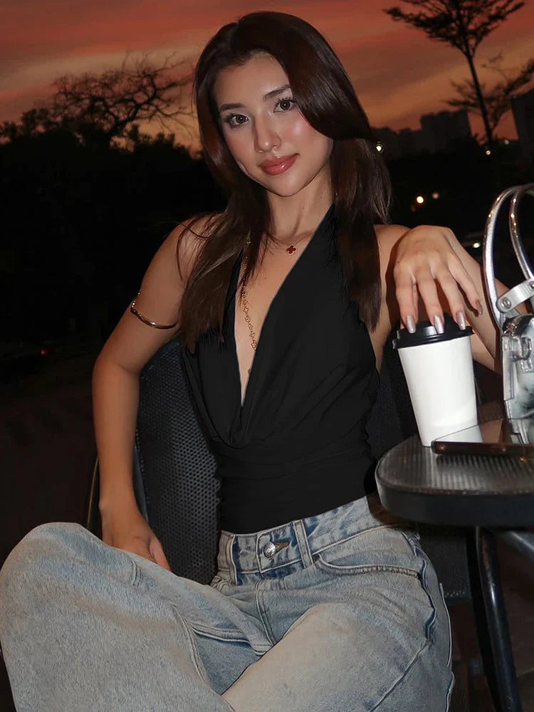 Nibber Swing Collar Vests Women Backless Halter Folds Skinny Street Versatile Daily Fashion Sexy Summer Temperament Mini Tops