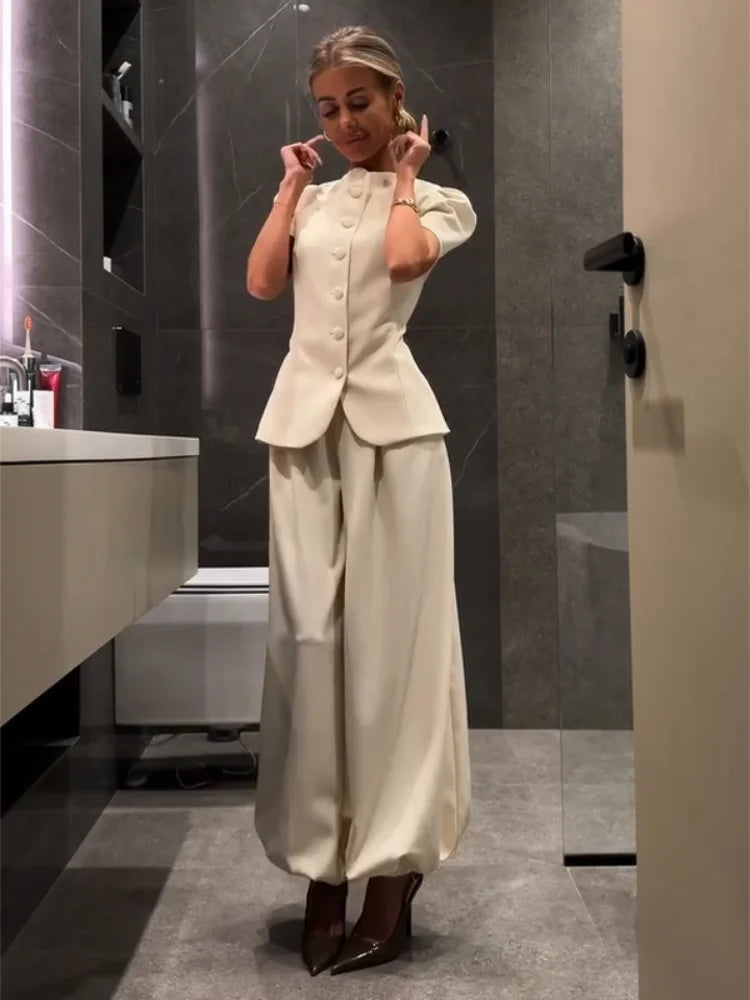 Women's Frog Button Puff Sleeve Shirt Trousers Set O-neck Leg-binding Lantern Pants Suits Lady 2026 Spring Summer Female Outfits