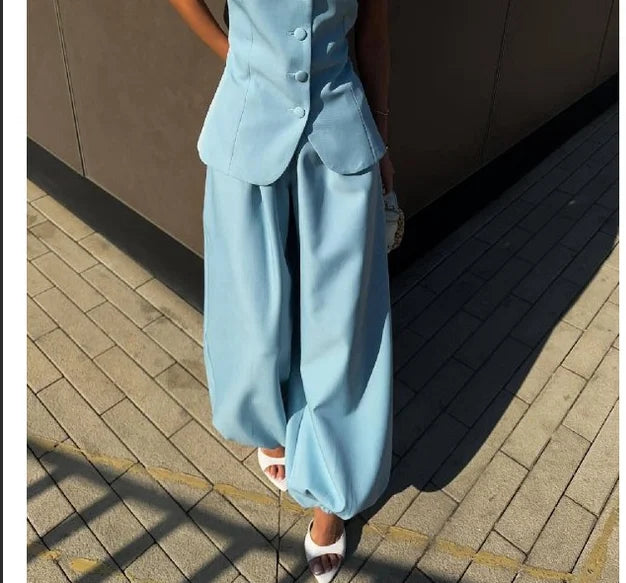 Women's Frog Button Puff Sleeve Shirt Trousers Set O-neck Leg-binding Lantern Pants Suits Lady 2026 Spring Summer Female Outfits