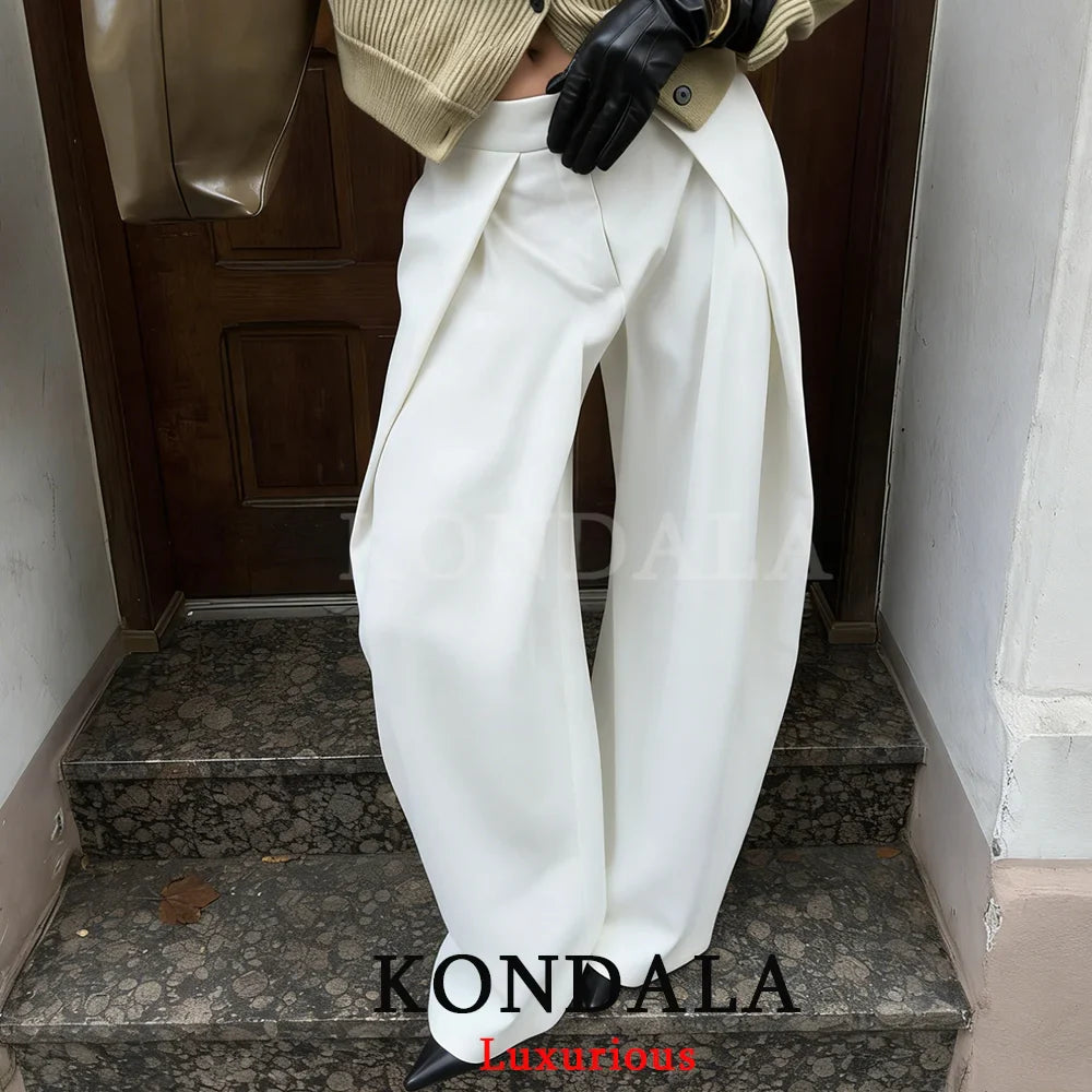 KONDALA Casual Chic Wide Leg Pants Women Office Lady Pockets Pleated Long Trousers Fashion 2026 Spring Summer Streetwear Pants