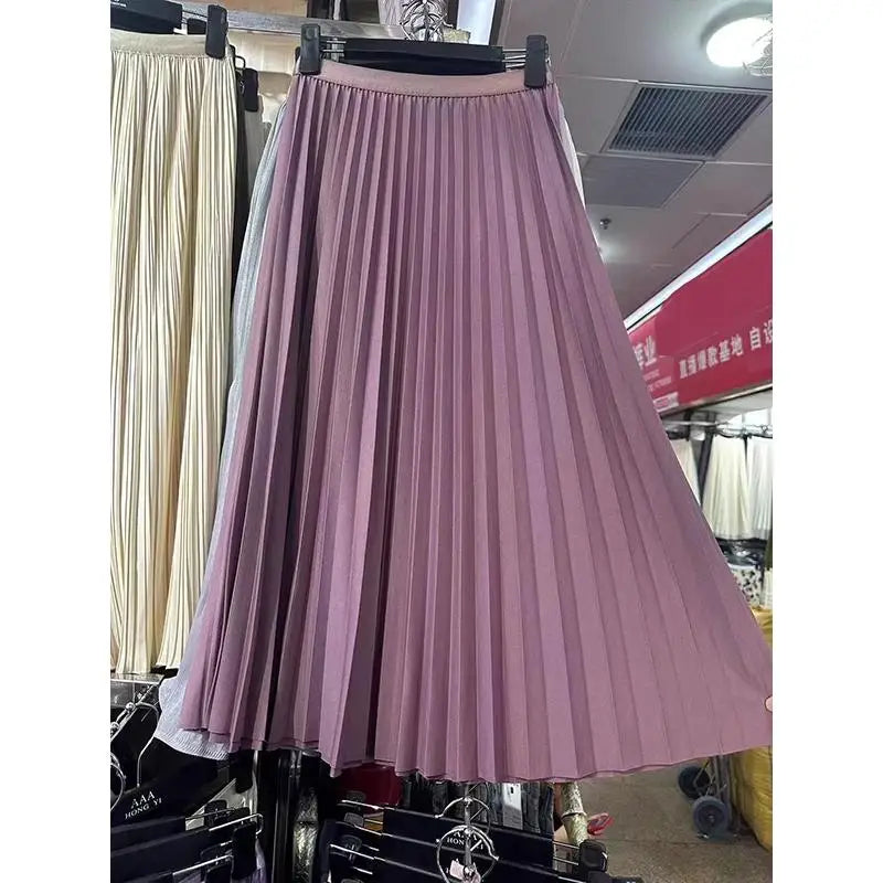 2026 Elegant High Waist Pleated Skirt for Women Mid-long Midi Skirt Female High Quality Black Saia