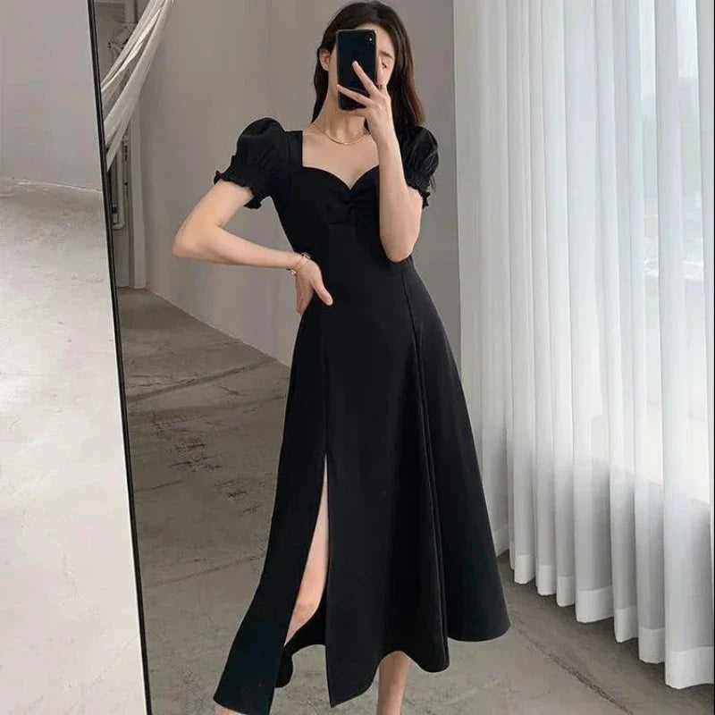 Women Summer V-neck Puff Short-sleeved Dress Elegant Female Side Slit Long A-Line Dresses Solid Sexy Slim Evening Party Vestidos