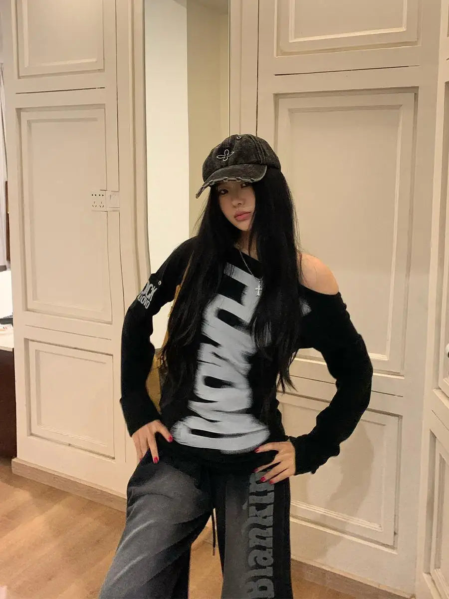 Tonngirls American Retro Print T-shirt Women Long Sleece Button Graphic Tops Y2k Tops 2000s Japanese Grunge Tops E-girls Autumn