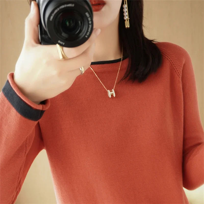 100% Cotton Knitwear Women's Round Neck Sweater Spring And Summer New Loose Color Matching Cotton And Linen Bottoming Shirt