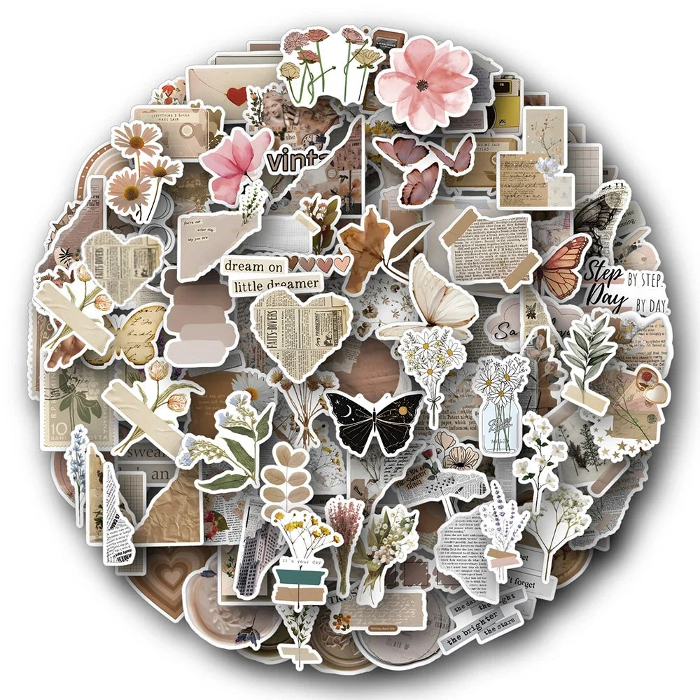 10/30/60/120PCS Retro Art Flower Butterfly Aesthetic Stickers Vintage Decal Laptop Phone Luggage Scrapbook Car Graffiti Sticker