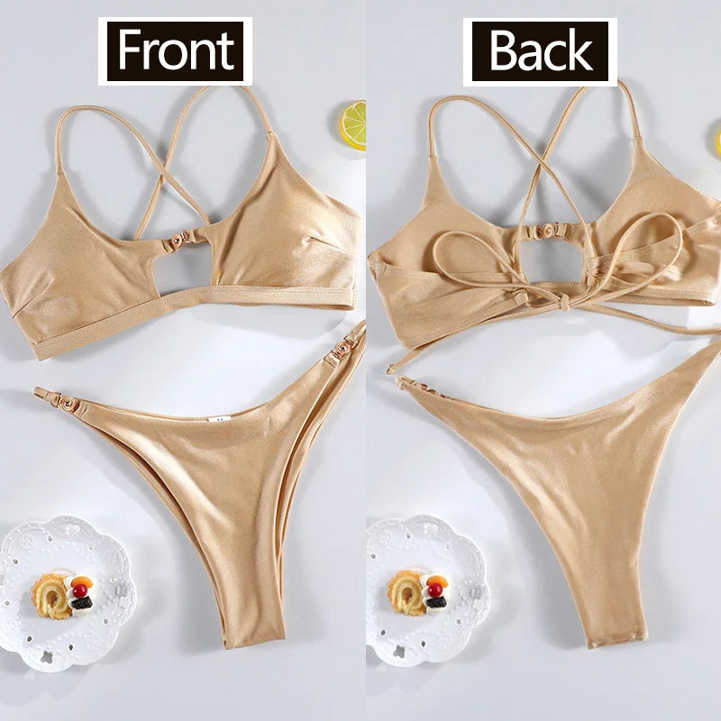 Miyouj Bandage Swimwear Summer Swimsuit High Cut Bikini Set Solid Sexy 2-Piece Suit New Bathsuit Hollow Out Thongs Beachwear