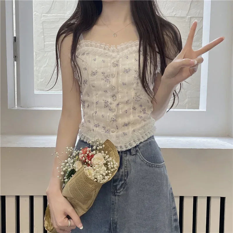 French lace sexy floral vest with a beautiful back wrapped around a solid-color casual halter sleeveless sweet vest underwear