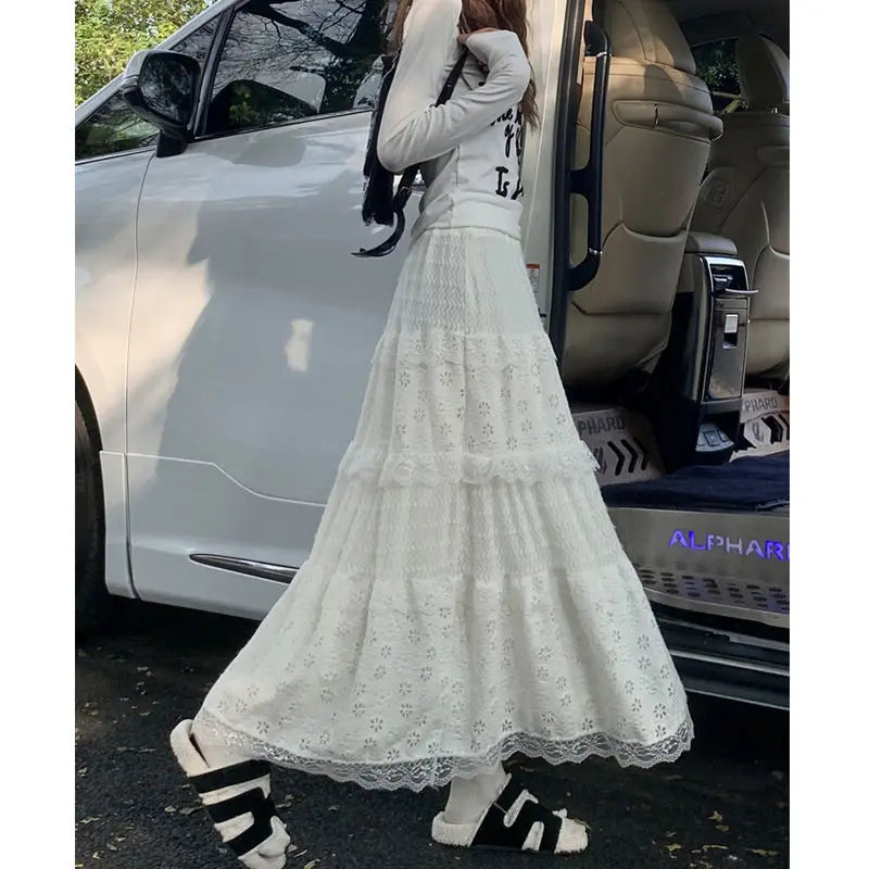 Lace Skirts Women French Style Ankle-length High Elastic Waist Hollow Out Patchwork New Loose Slim Korean  A-line Sweet Fit