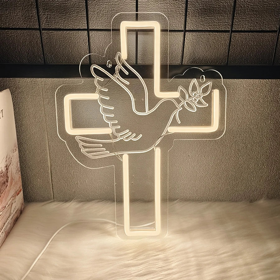 Cross Led Neon Sign, Warm White Dove Icon Usb Powered For Jesus Church, Wedding,Home, Easter Activities Decor, Easy To Hang.