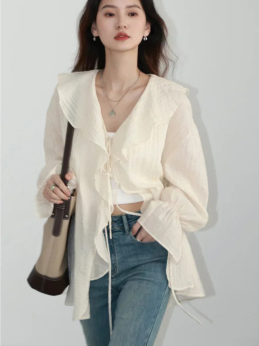 CHIC VEN Women Shirt Loose Casual Ruffled Edges Female Blouses V Neck Lace Up Mid Length Woman Shirts Spring Summer 2026