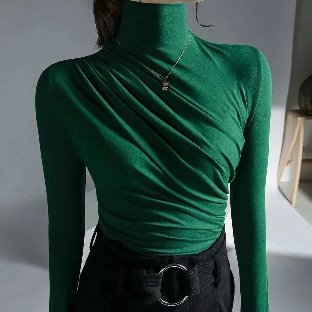 2023 Pleated High Neck for Women Blusas Clothes for Women Tops Shirts Blouses
