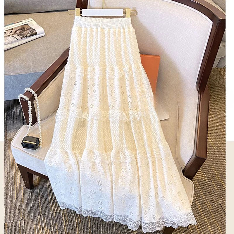 Lace Skirts Women French Style Ankle-length High Elastic Waist Hollow Out Patchwork New Loose Slim Korean  A-line Sweet Fit